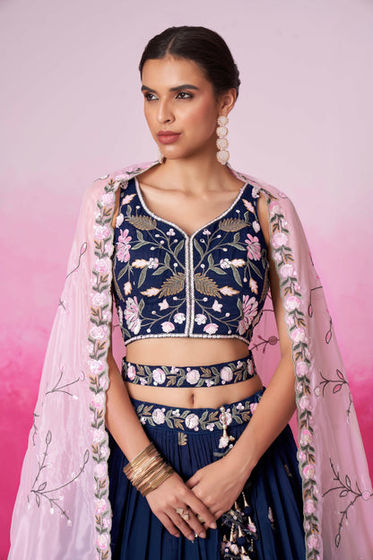 Navy Blue Organza Sequins Embroidery Lehenga Choli &amp; Dupatta