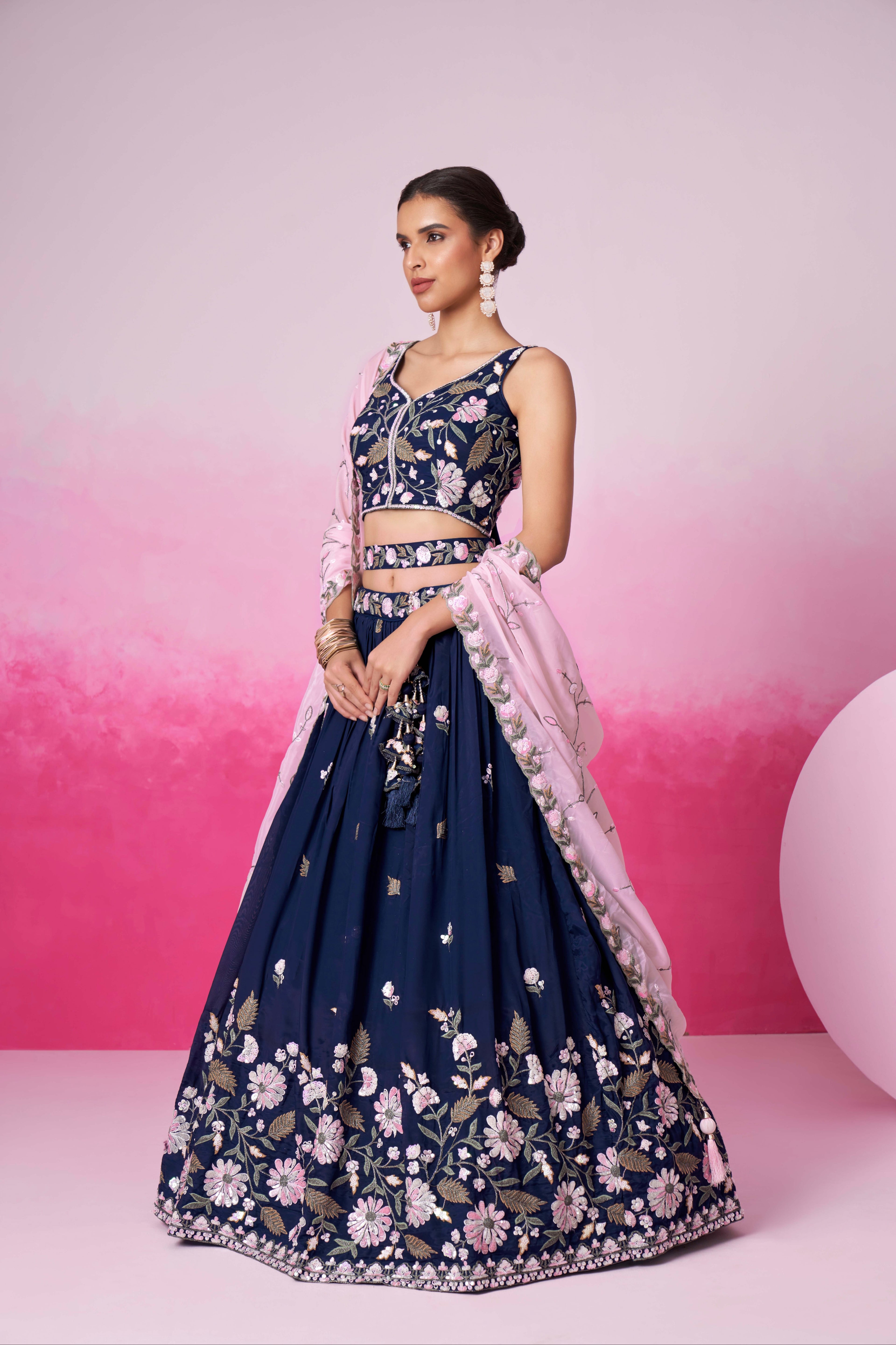 Navy Blue Organza Sequins Embroidery Lehenga Choli &amp; Dupatta