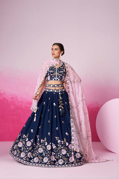 Navy Blue Organza Sequins Embroidery Lehenga Choli &amp; Dupatta