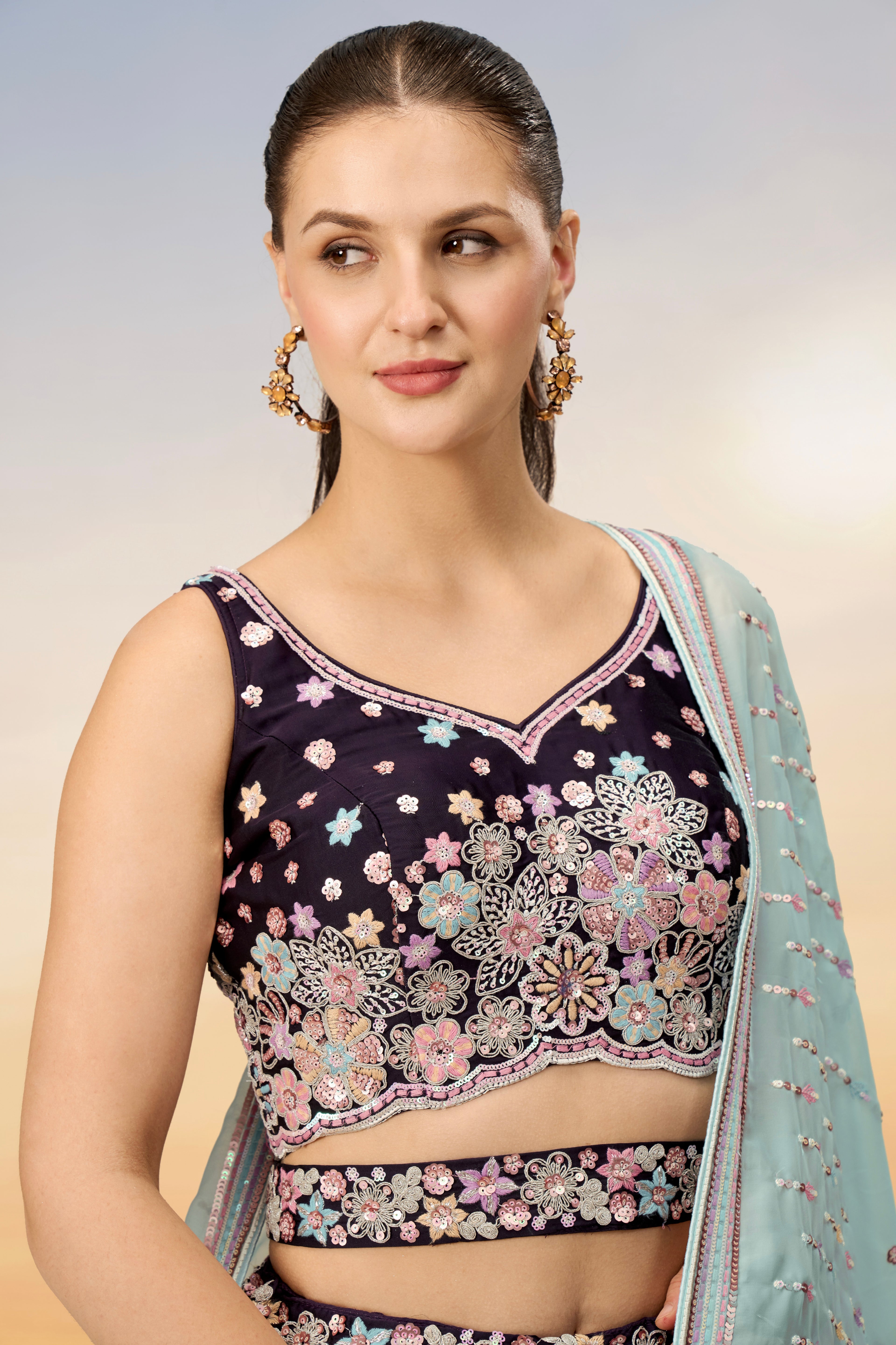 Burgundy Satin Silk Sequins Heavy Embroidery Lehenga Choli &amp; Dupatta