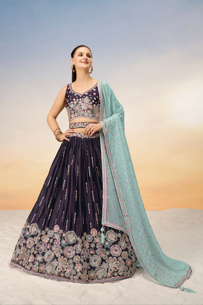 Burgundy Satin Silk Sequins Heavy Embroidery Lehenga Choli &amp; Dupatta