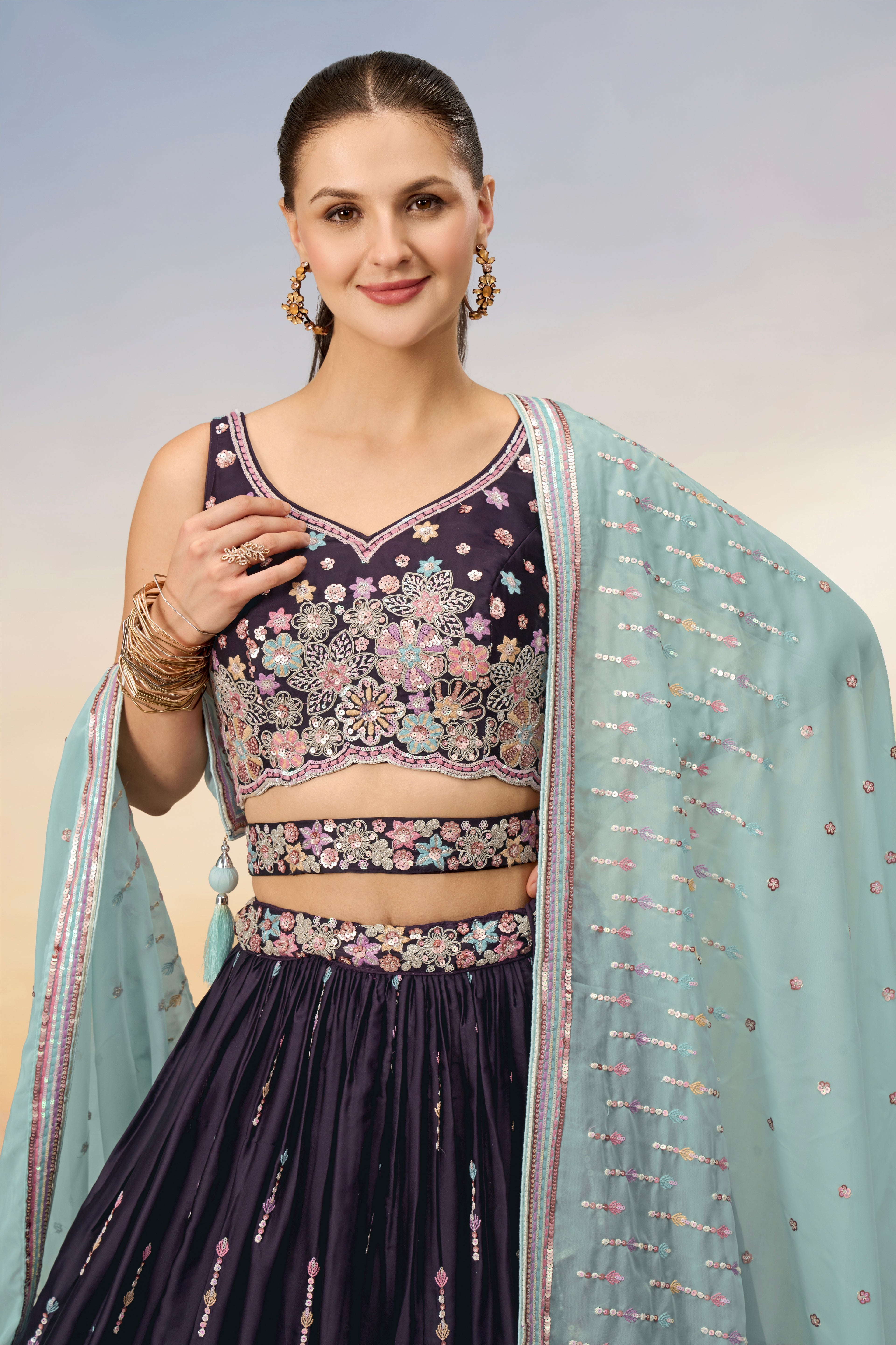 Burgundy Satin Silk Sequins Heavy Embroidery Lehenga Choli &amp; Dupatta