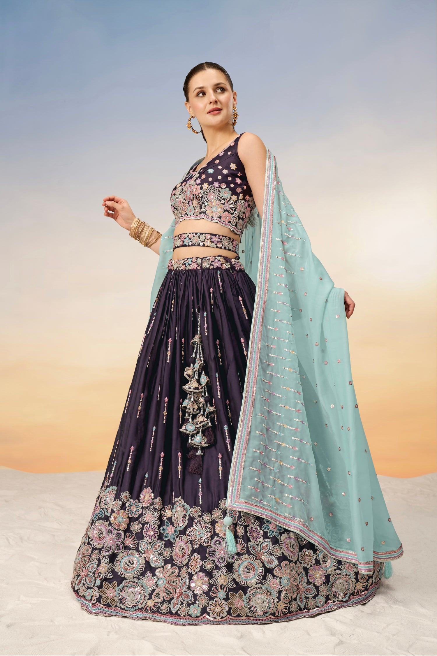 Burgundy Satin Silk Sequins Heavy Embroidery Lehenga Choli &amp; Dupatta