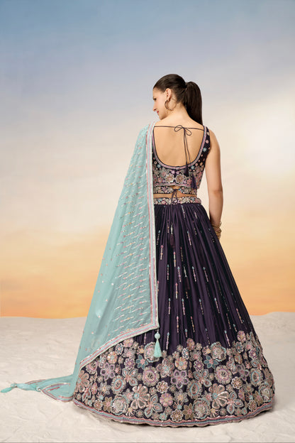Burgundy Satin Silk Sequins Heavy Embroidery Lehenga Choli &amp; Dupatta
