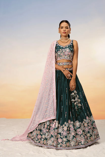 Green Satin Silk Sequins with Heavy Embroidery Lehenga Choli &amp; Dupatta