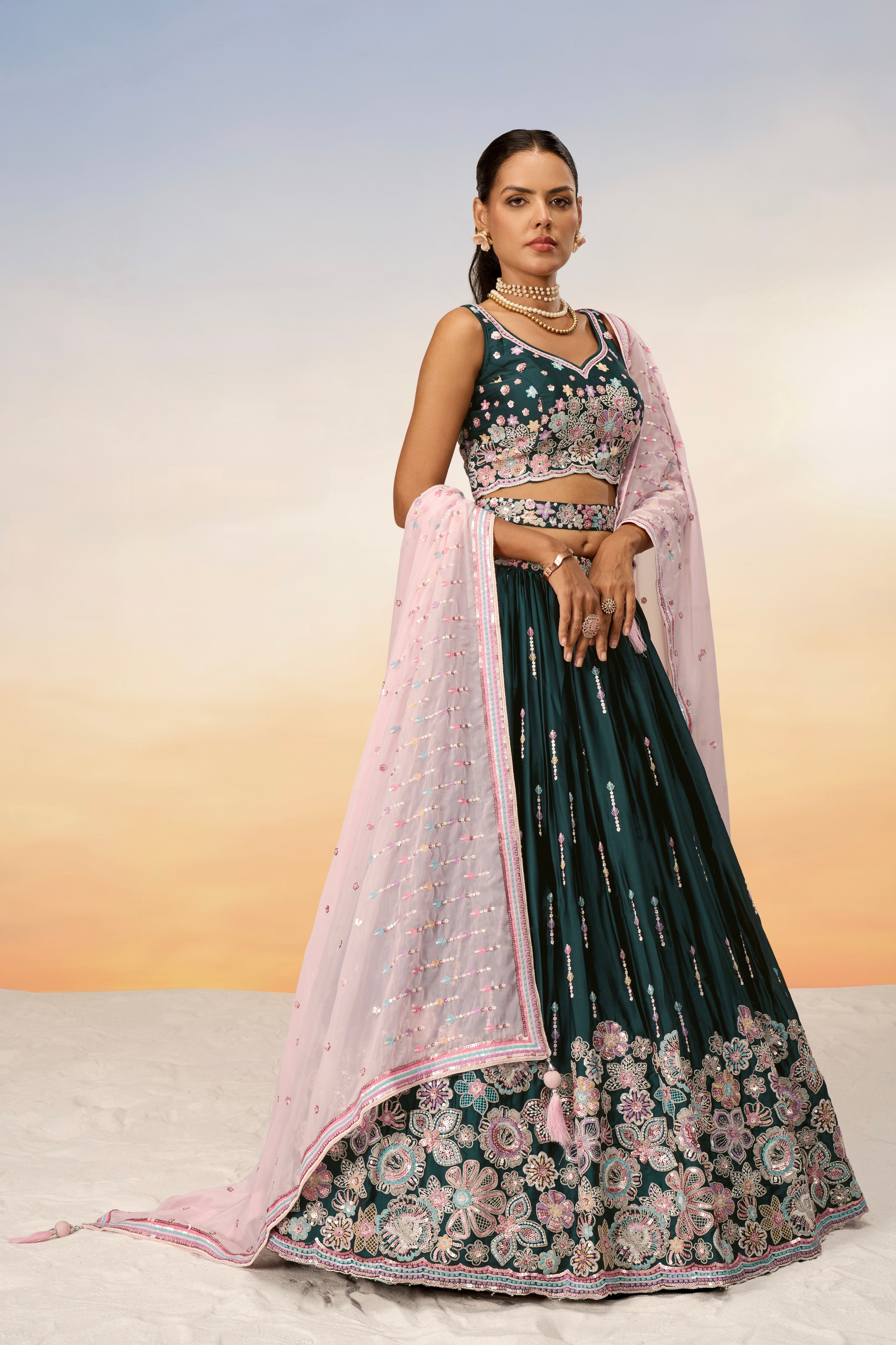 Green Satin Silk Sequins with Heavy Embroidery Lehenga Choli &amp; Dupatta