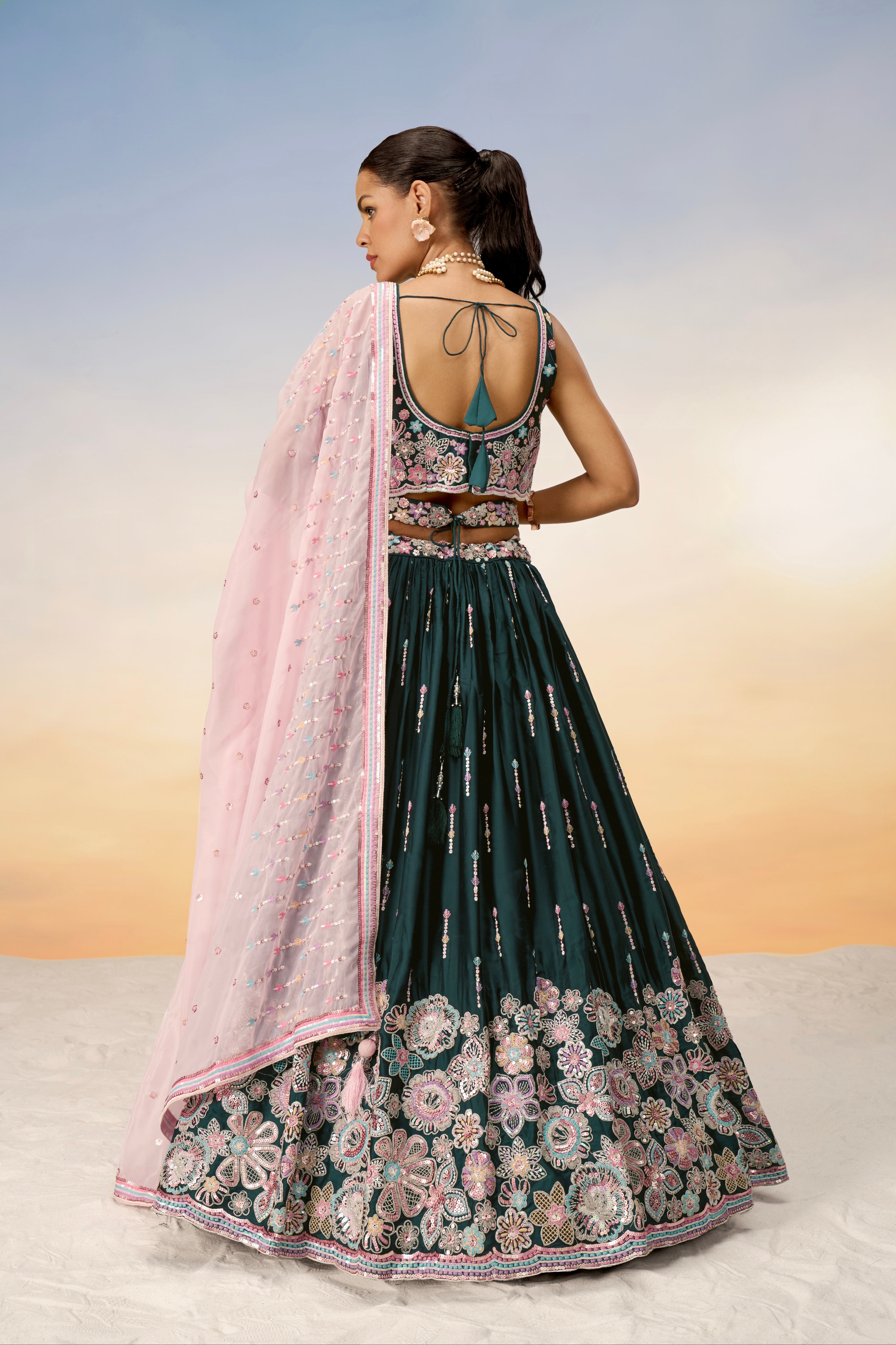 Green Satin Silk Sequins with Heavy Embroidery Lehenga Choli &amp; Dupatta