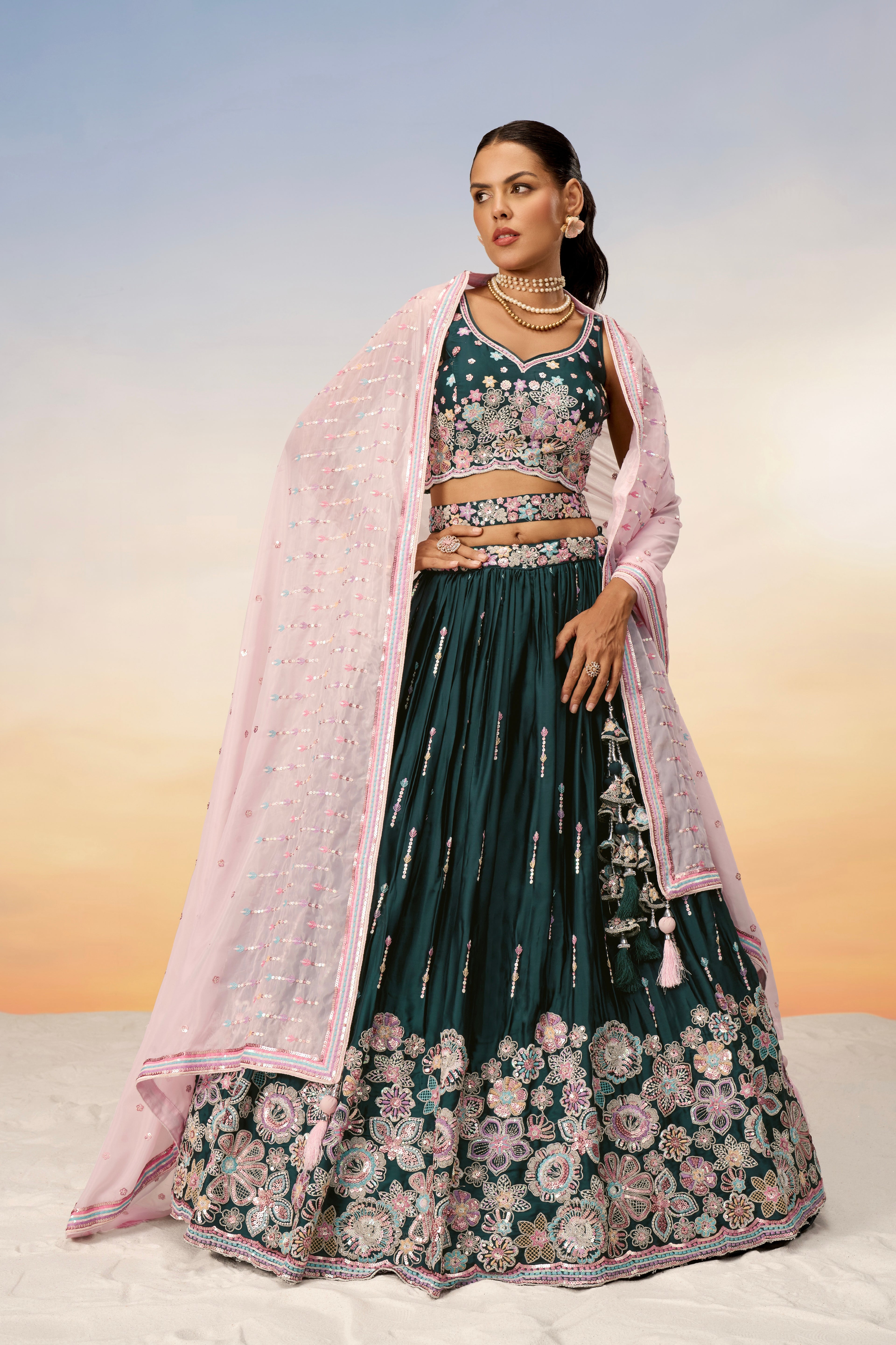 Green Satin Silk Sequins with Heavy Embroidery Lehenga Choli &amp; Dupatta
