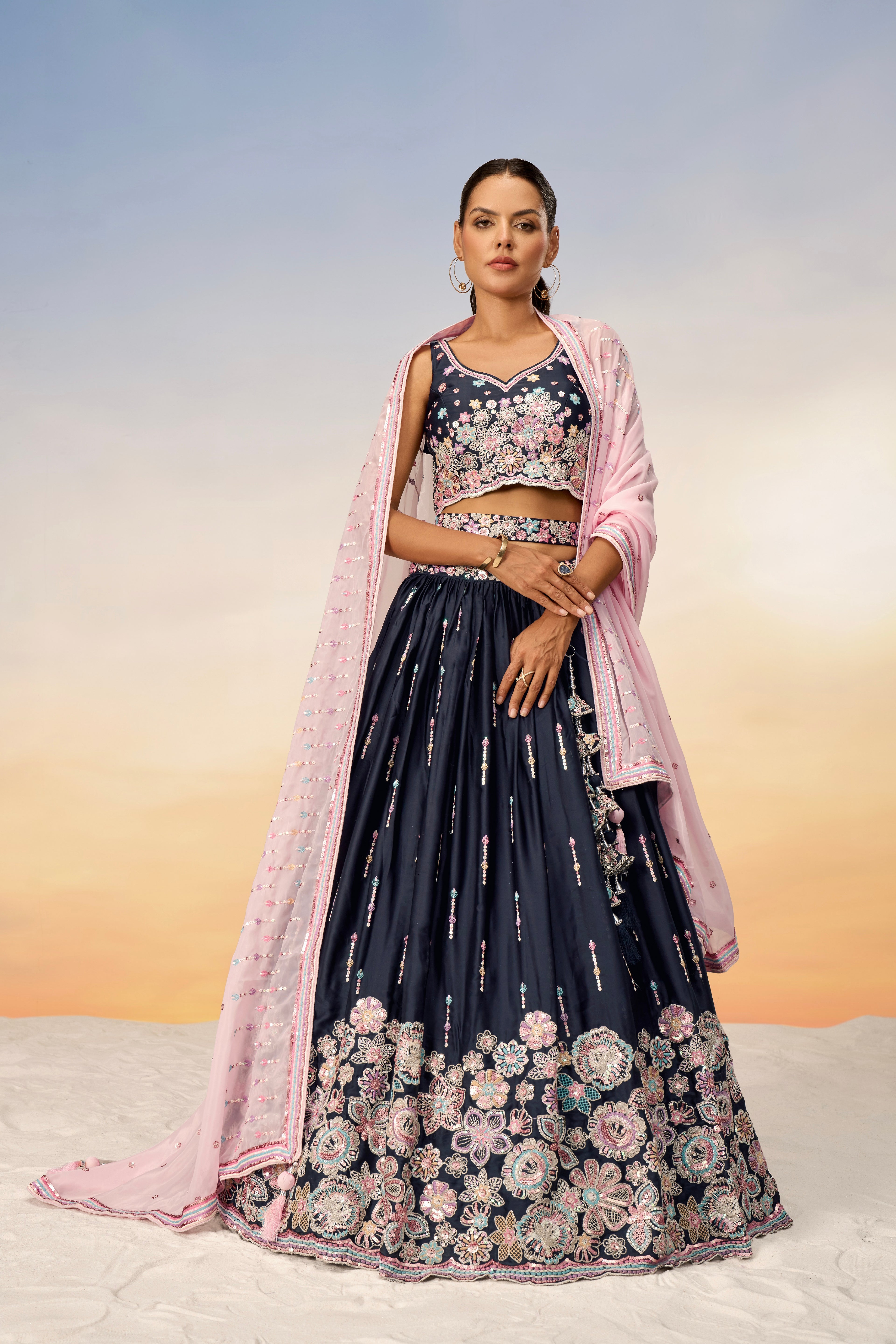 Navy Blue Satin Silk Sequins Heavy Embroidery Lehenga Choli &amp; Dupatta