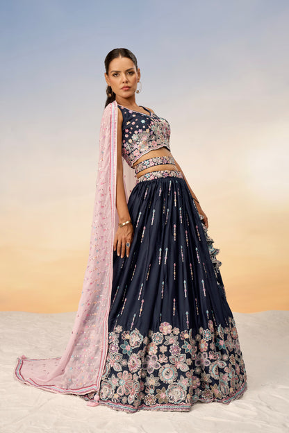 Navy Blue Satin Silk Sequins Heavy Embroidery Lehenga Choli &amp; Dupatta