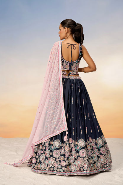 Navy Blue Satin Silk Sequins Heavy Embroidery Lehenga Choli &amp; Dupatta