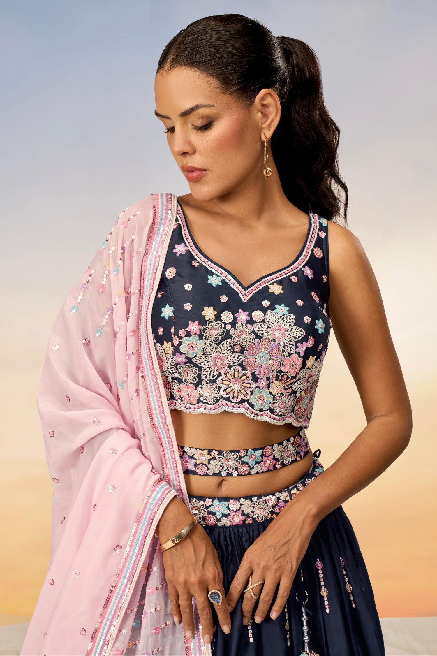 Navy Blue Satin Silk Sequins Heavy Embroidery Lehenga Choli &amp; Dupatta