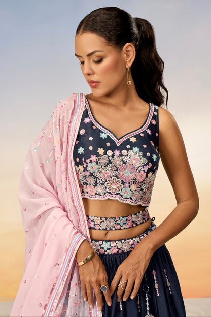 Navy Blue Satin Silk Sequins Heavy Embroidery Lehenga Choli &amp; Dupatta