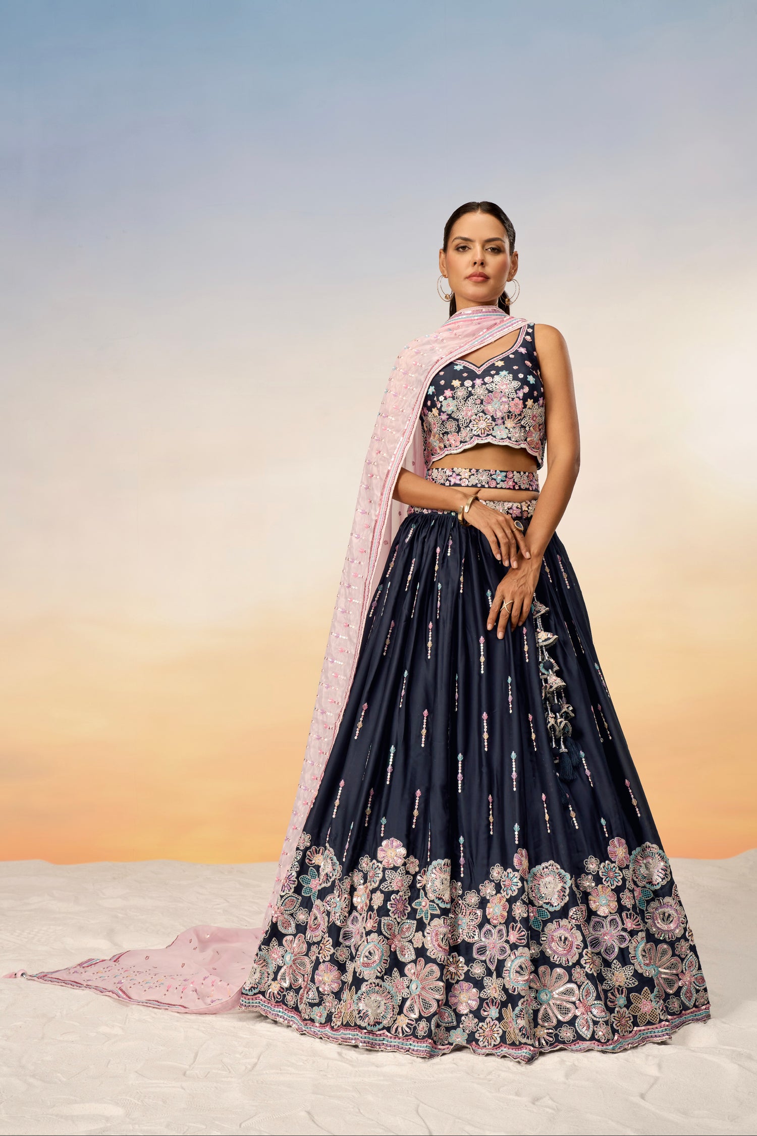 Navy Blue Satin Silk Sequins Heavy Embroidery Lehenga Choli &amp; Dupatta