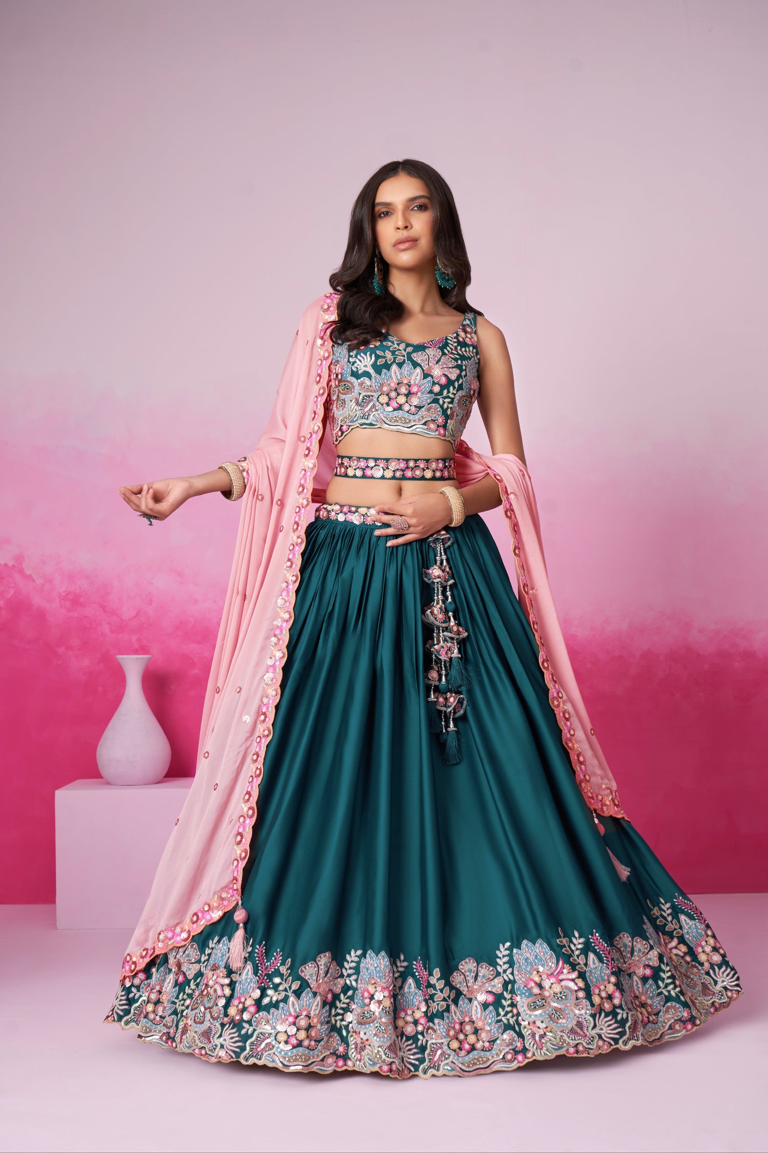 Teal Satin Silk Sequin Embroidery Lehenga Choli &amp; Dupatta