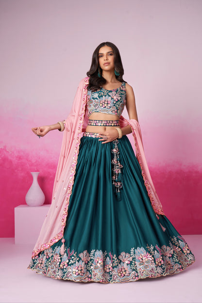 Teal Satin Silk Sequin Embroidery Lehenga Choli &amp; Dupatta