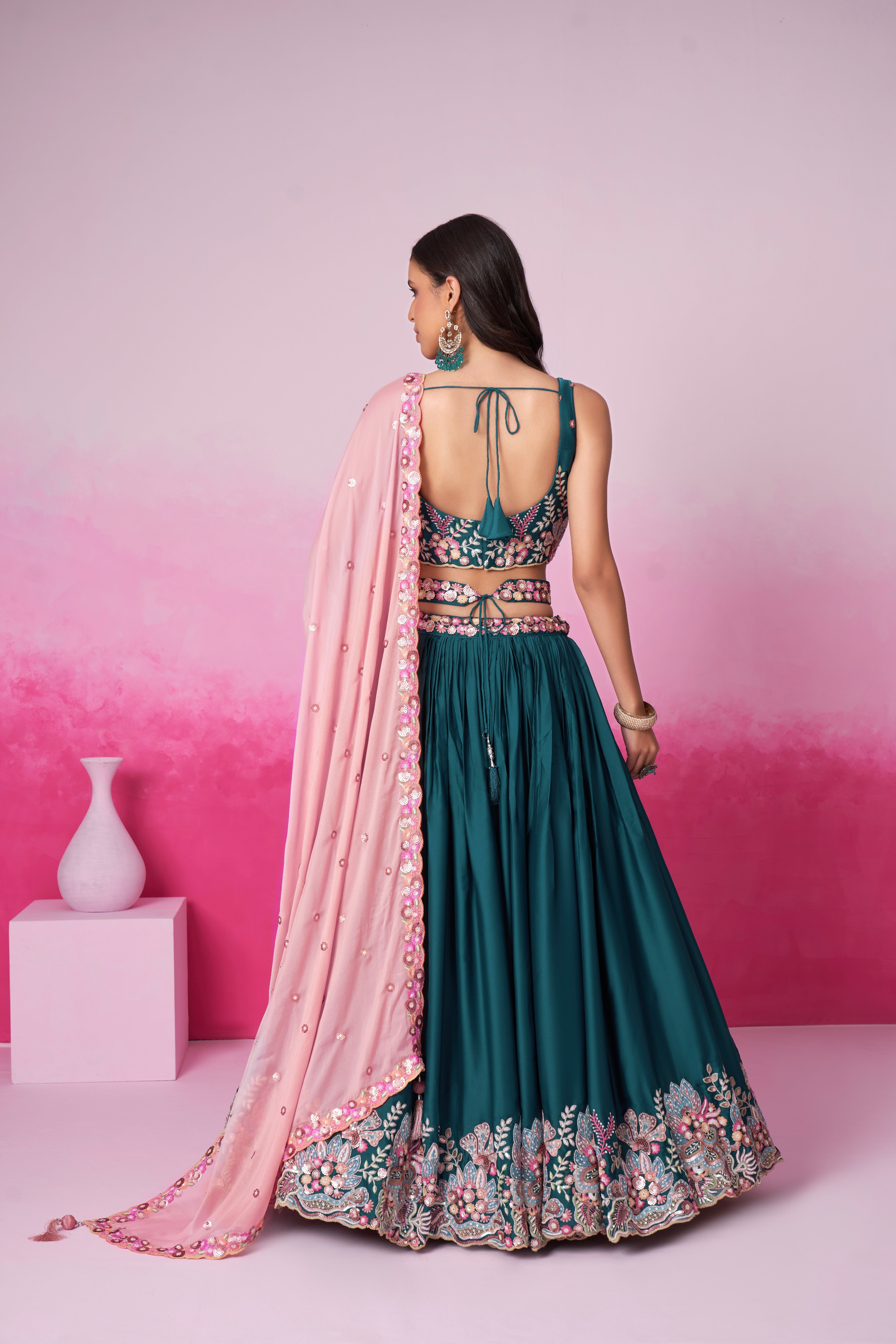 Teal Satin Silk Sequin Embroidery Lehenga Choli &amp; Dupatta