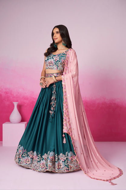 Teal Satin Silk Sequin Embroidery Lehenga Choli &amp; Dupatta