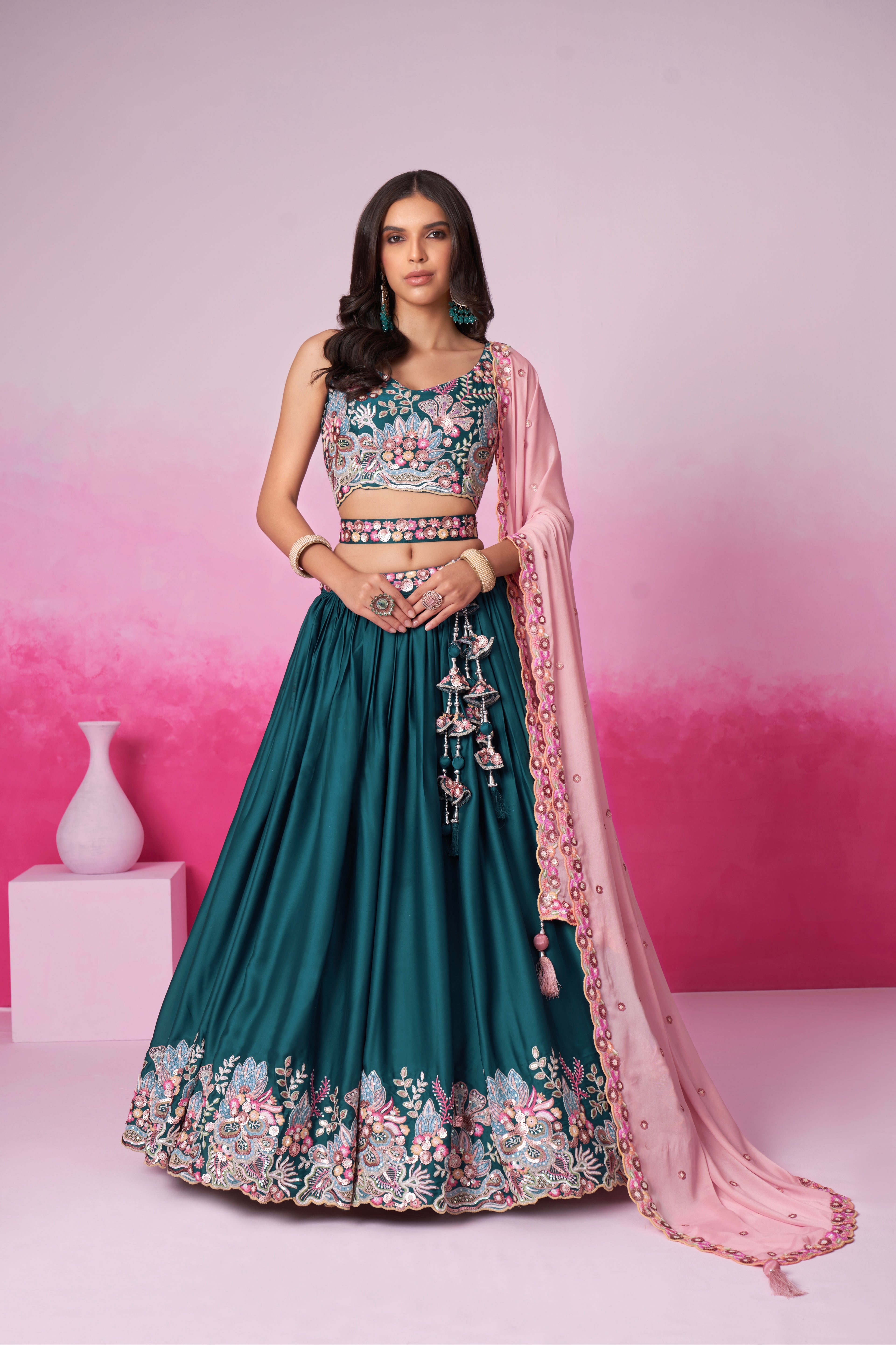 Teal Satin Silk Sequin Embroidery Lehenga Choli &amp; Dupatta