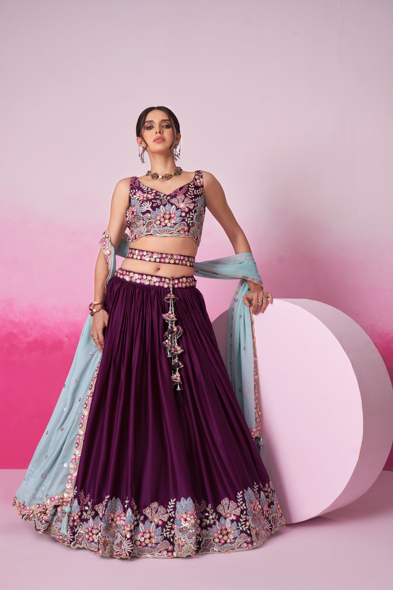 Burgundy Satin Silk Sequin Embroidery Lehenga Choli &amp; Dupatta