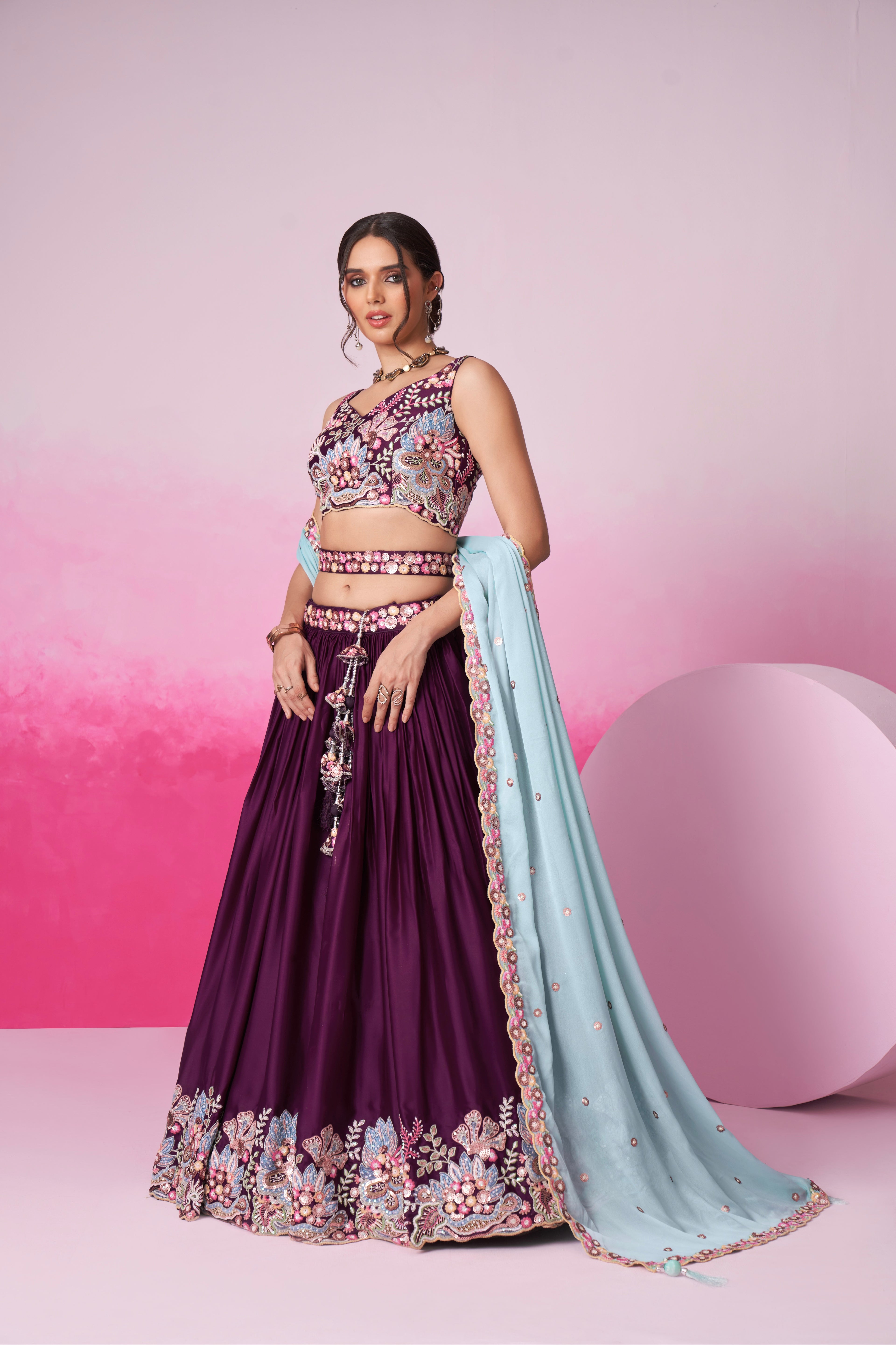 Burgundy Satin Silk Sequin Embroidery Lehenga Choli &amp; Dupatta