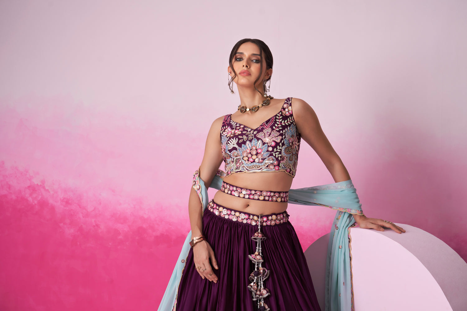 Burgundy Satin Silk Sequin Embroidery Lehenga Choli &amp; Dupatta