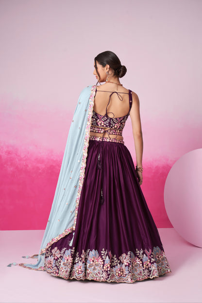 Burgundy Satin Silk Sequin Embroidery Lehenga Choli &amp; Dupatta