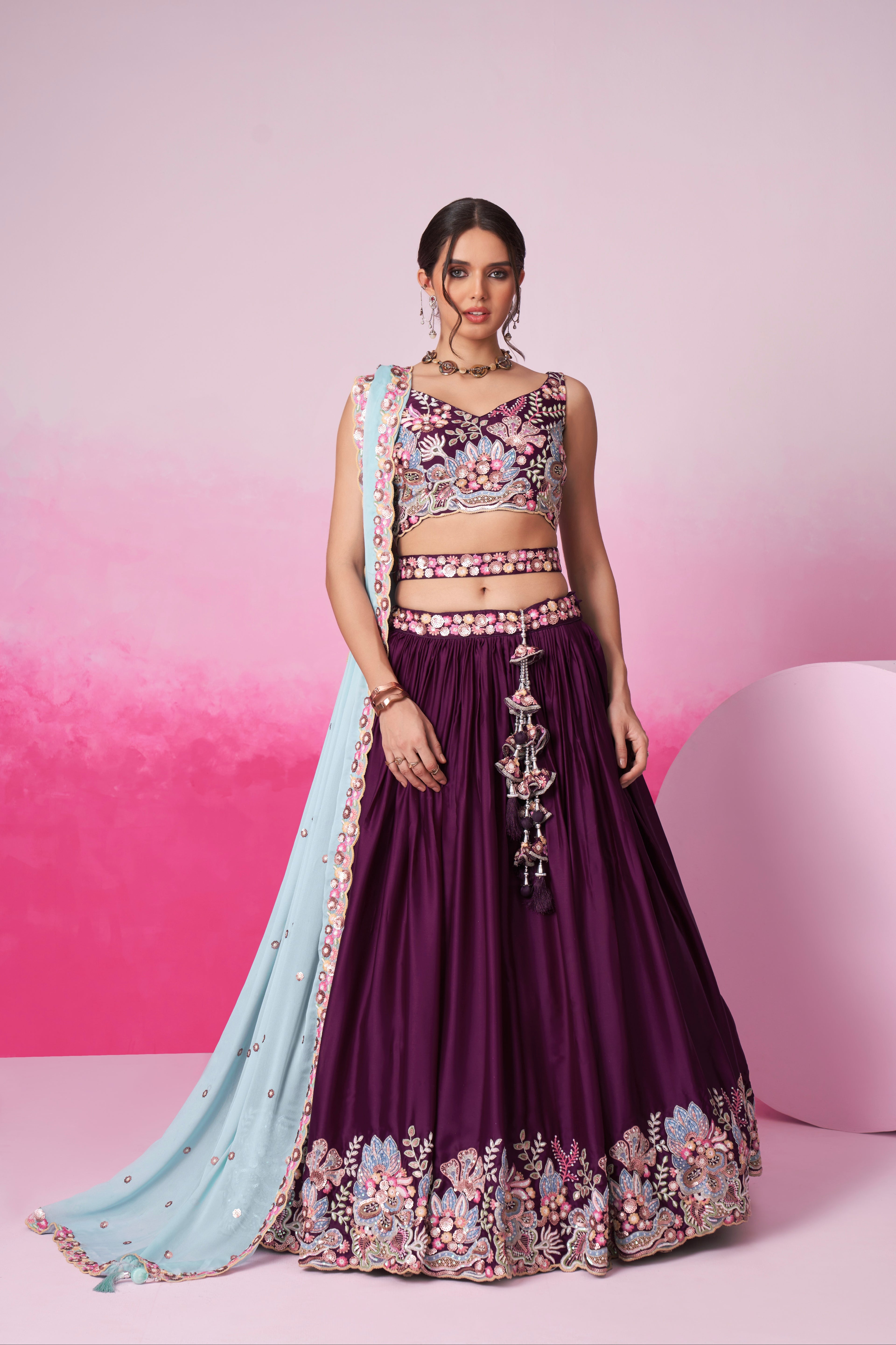 Burgundy Satin Silk Sequin Embroidery Lehenga Choli &amp; Dupatta