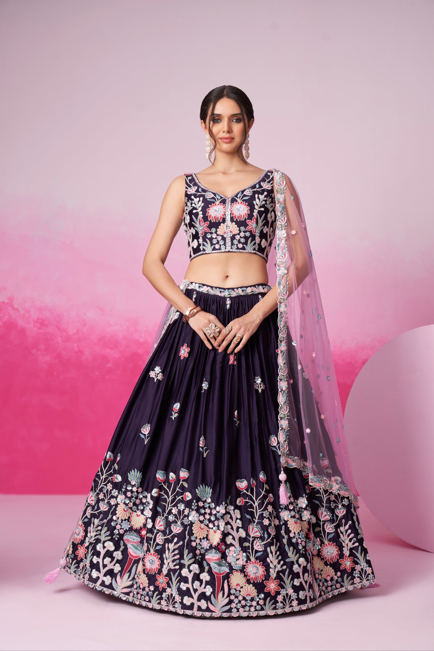 Purple Satin Silk Sequin Embroidery Lehenga Choli &amp; Dupatta
