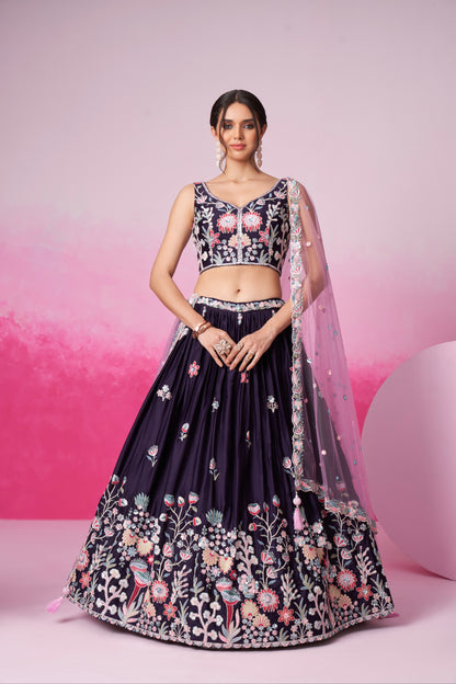 Purple Satin Silk Sequin Embroidery Lehenga Choli &amp; Dupatta