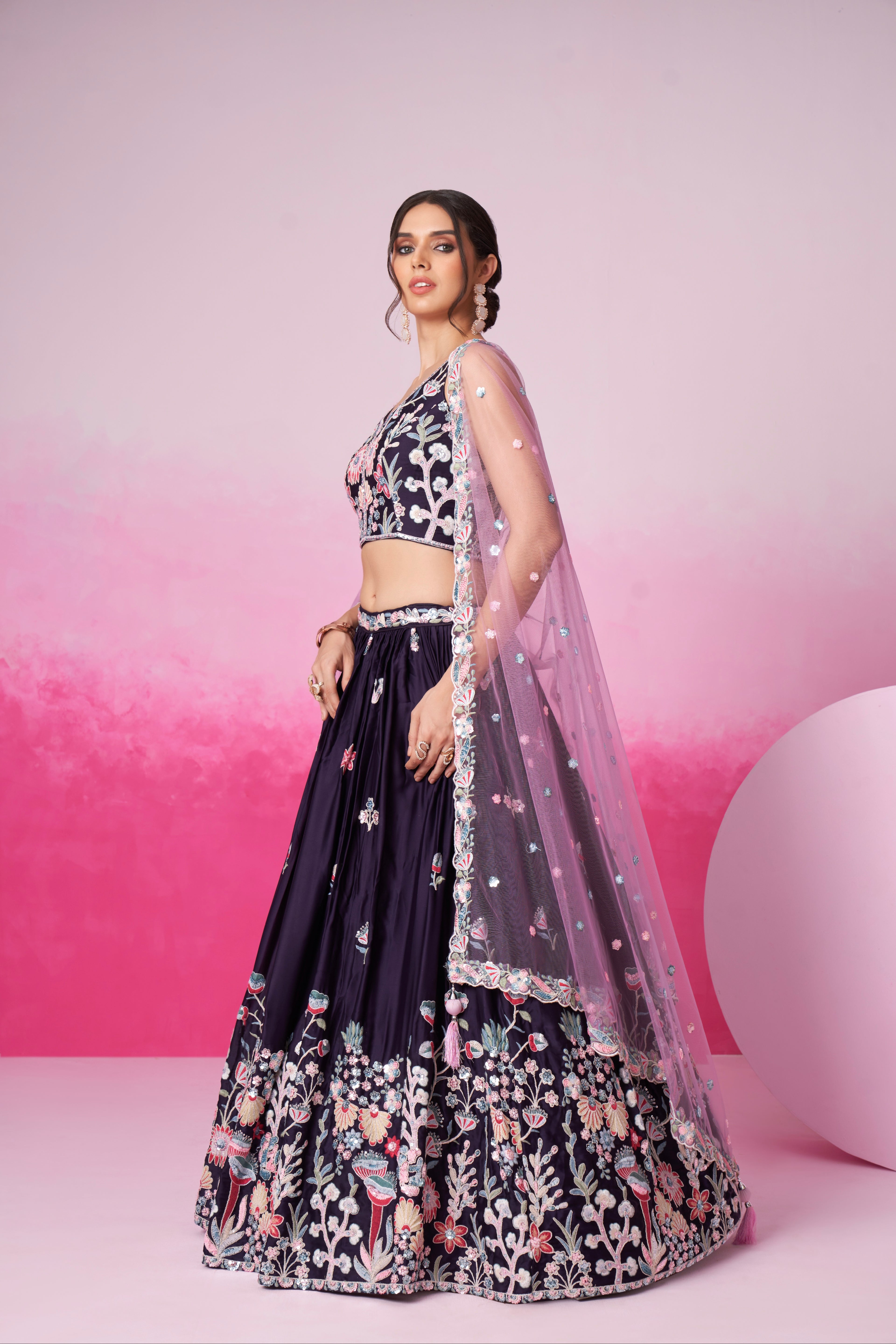 Purple Satin Silk Sequin Embroidery Lehenga Choli &amp; Dupatta