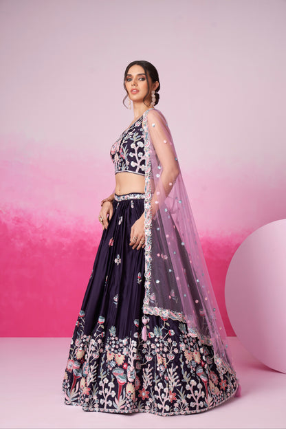 Purple Satin Silk Sequin Embroidery Lehenga Choli &amp; Dupatta