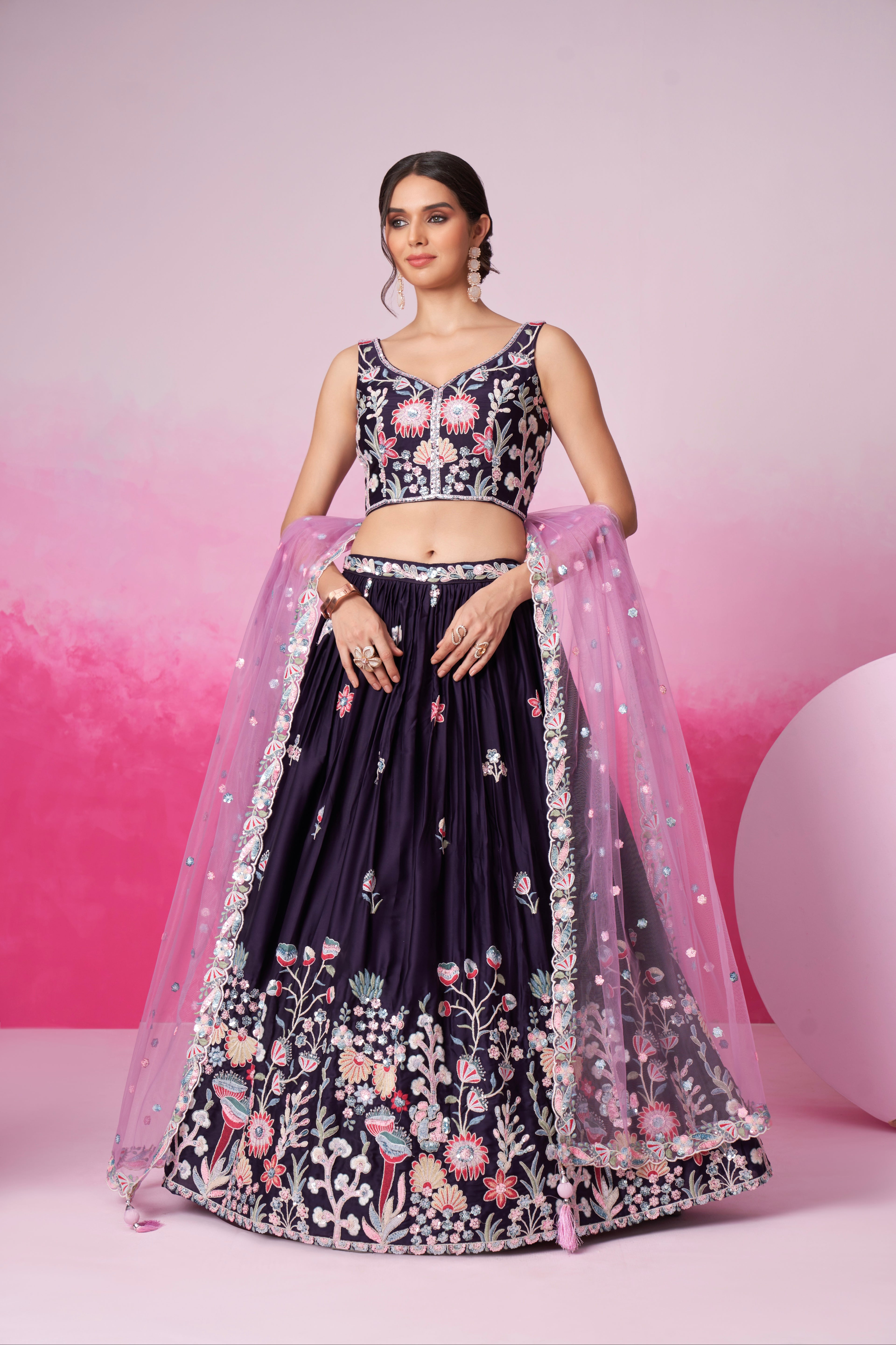 Purple Satin Silk Sequin Embroidery Lehenga Choli &amp; Dupatta