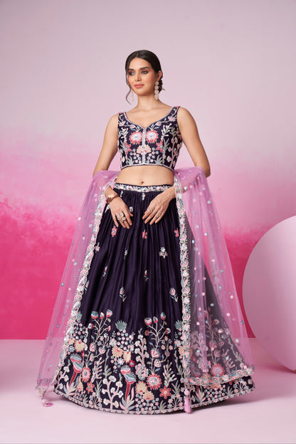 Purple Satin Silk Sequin Embroidery Lehenga Choli &amp; Dupatta