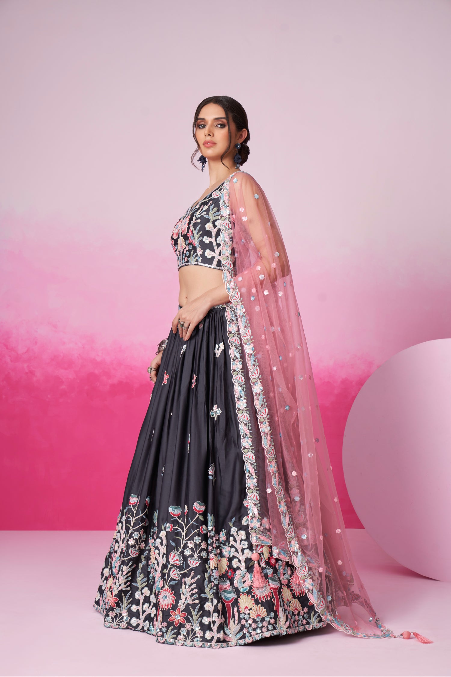 Grey Satin Silk Sequin Embroidery Lehenga Choli &amp; Dupatta