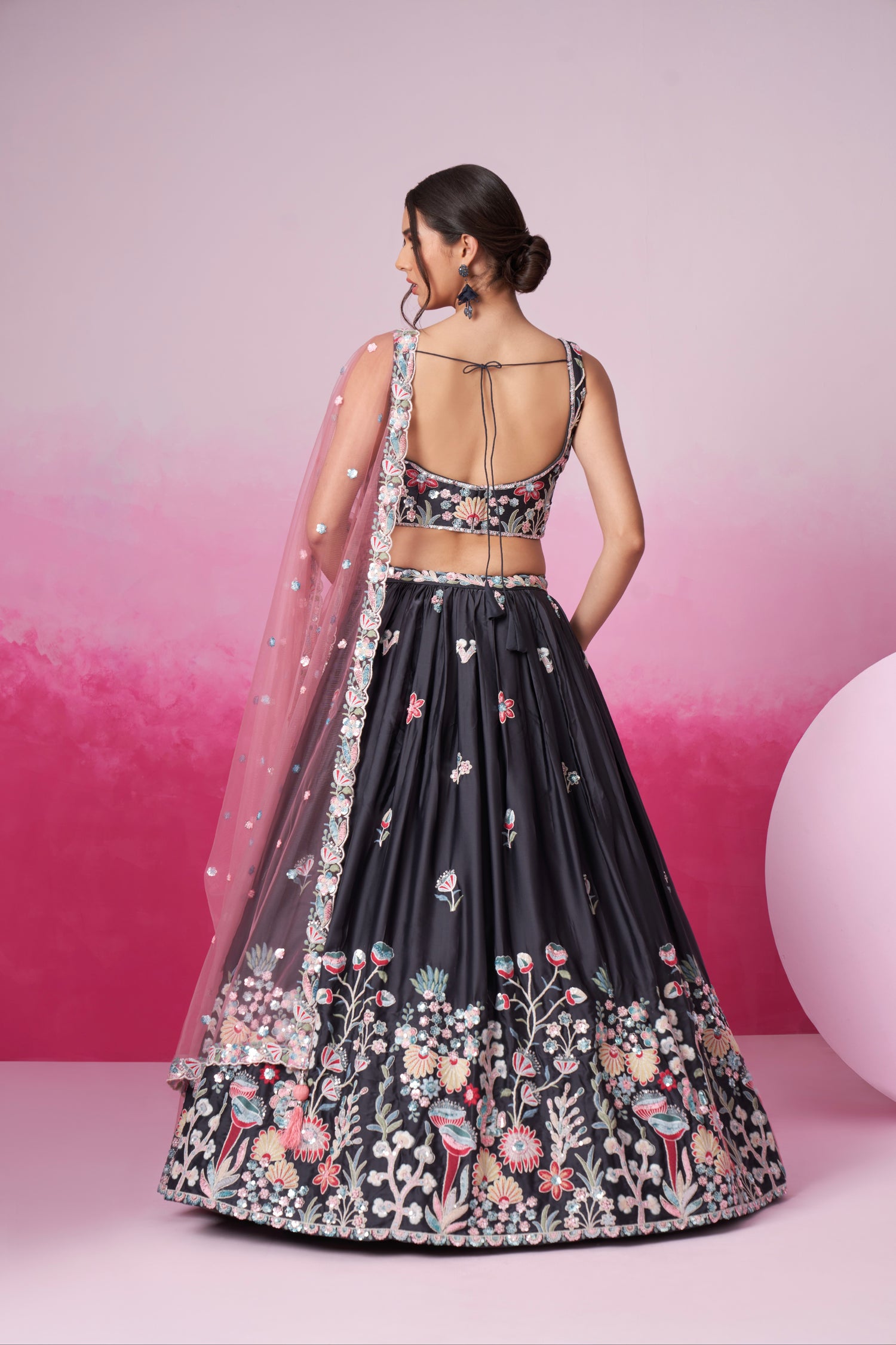 Grey Satin Silk Sequin Embroidery Lehenga Choli &amp; Dupatta