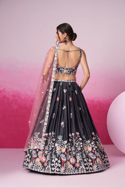 Grey Satin Silk Sequin Embroidery Lehenga Choli &amp; Dupatta