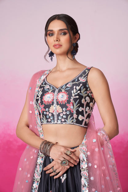 Grey Satin Silk Sequin Embroidery Lehenga Choli &amp; Dupatta