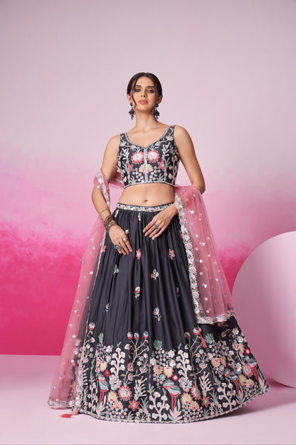 Grey Satin Silk Sequin Embroidery Lehenga Choli &amp; Dupatta
