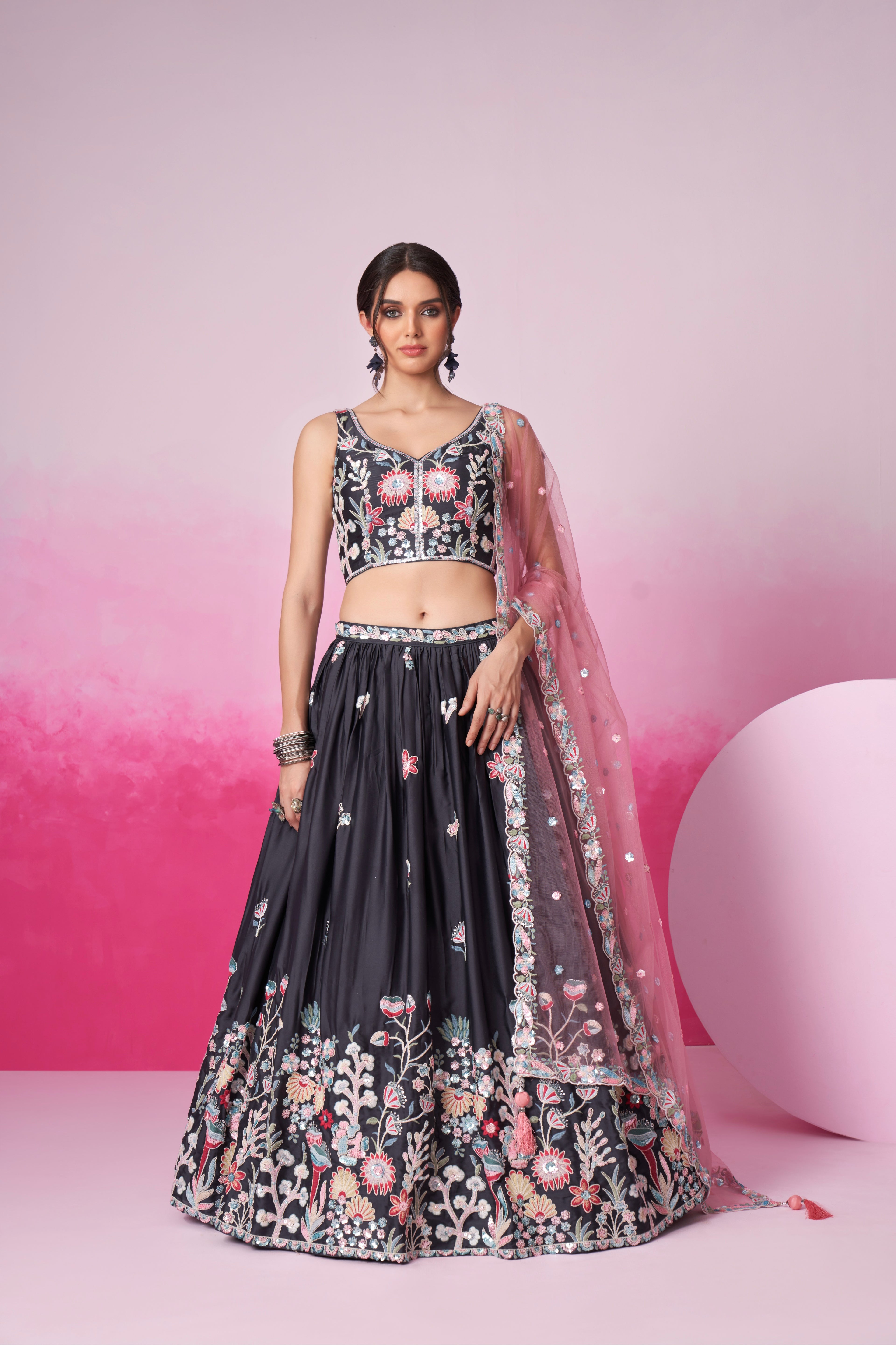 Grey Satin Silk Sequin Embroidery Lehenga Choli &amp; Dupatta