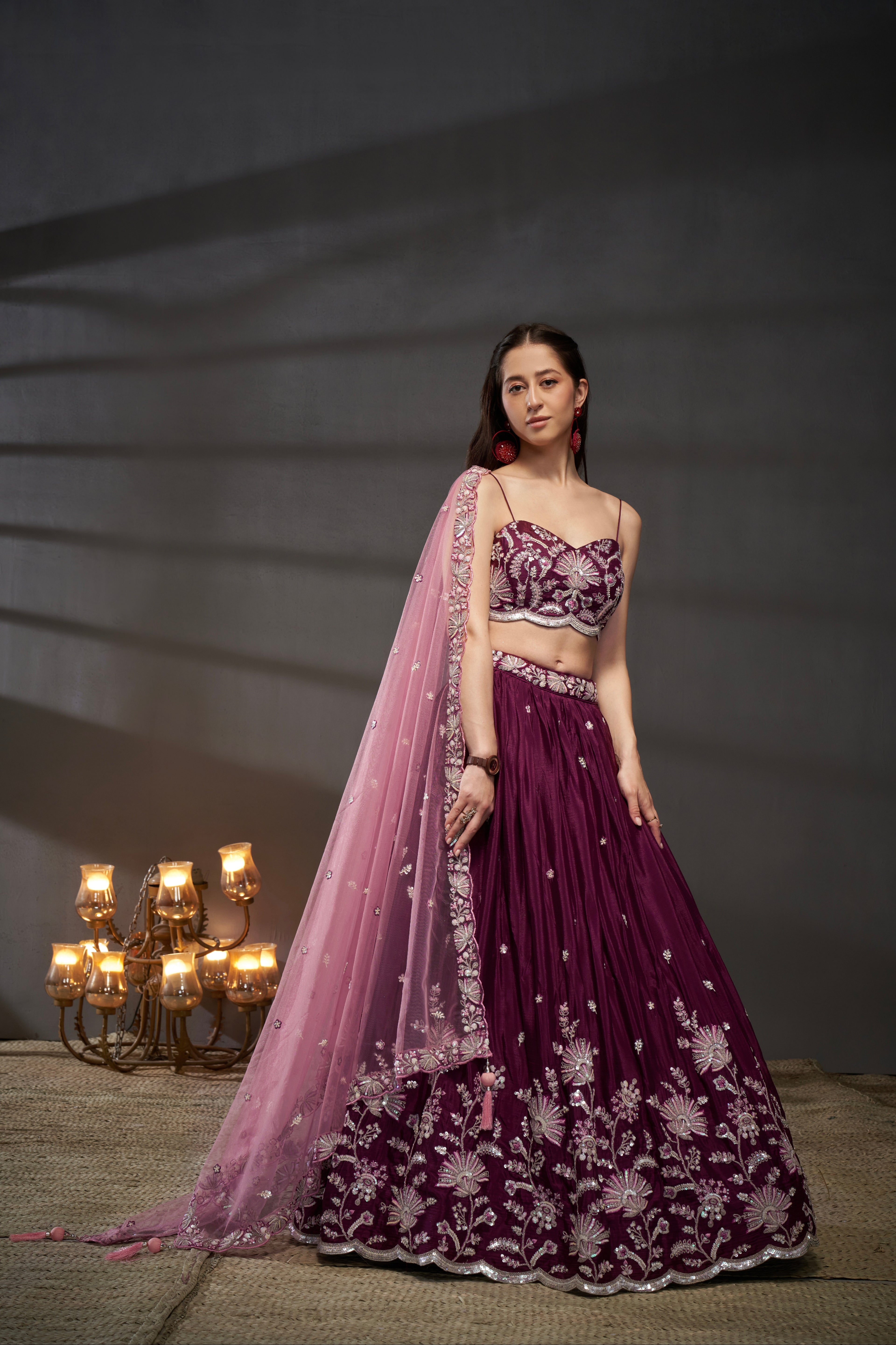 Burgundy Pure Chiffon Sequins Embroidery Lehenga Choli &amp; Dupatta