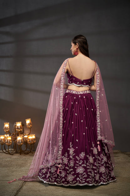 Burgundy Pure Chiffon Sequins Embroidery Lehenga Choli &amp; Dupatta