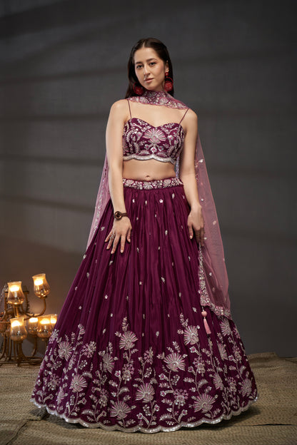 Burgundy Pure Chiffon Sequins Embroidery Lehenga Choli &amp; Dupatta