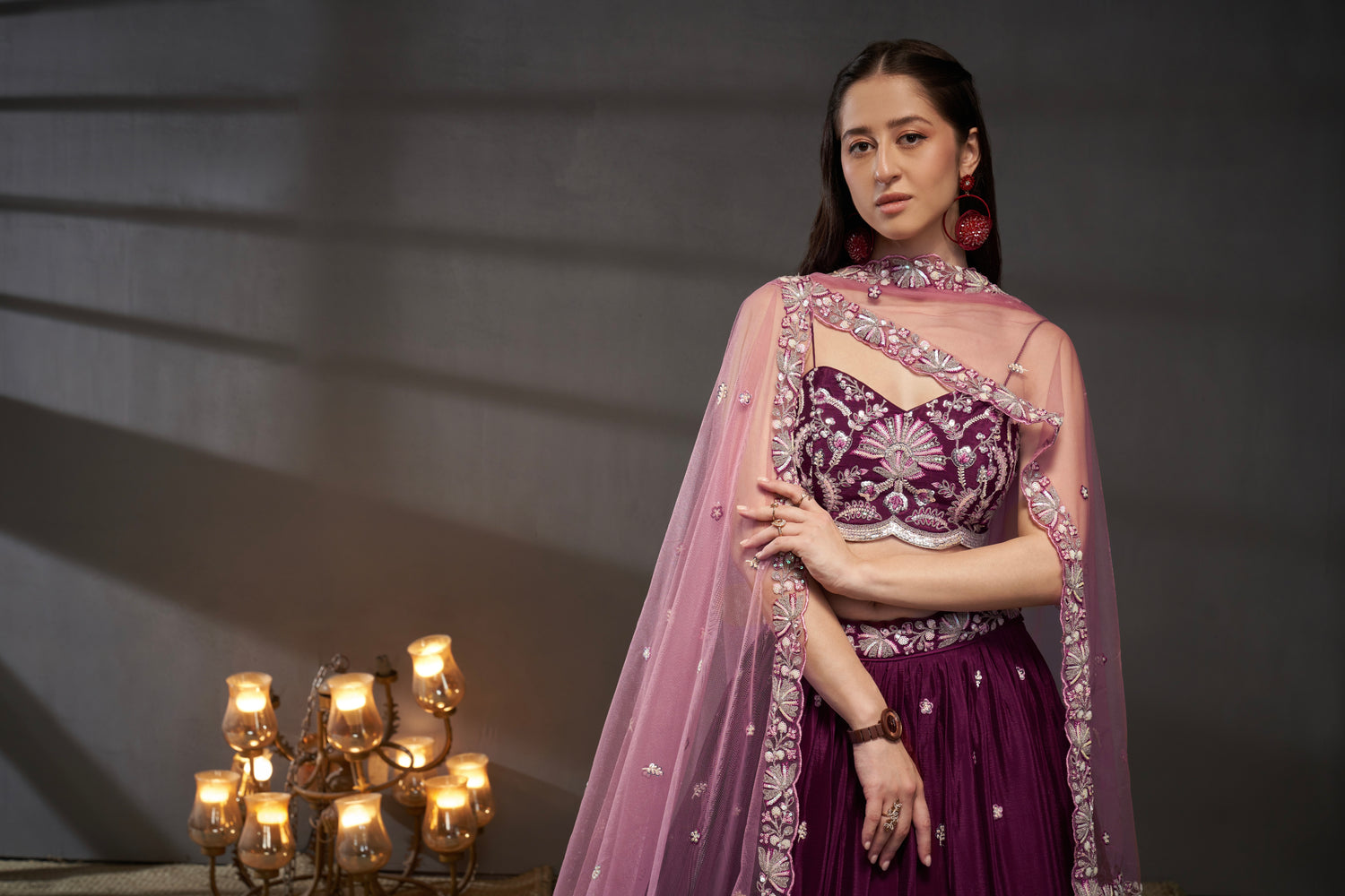 Burgundy Pure Chiffon Sequins Embroidery Lehenga Choli &amp; Dupatta
