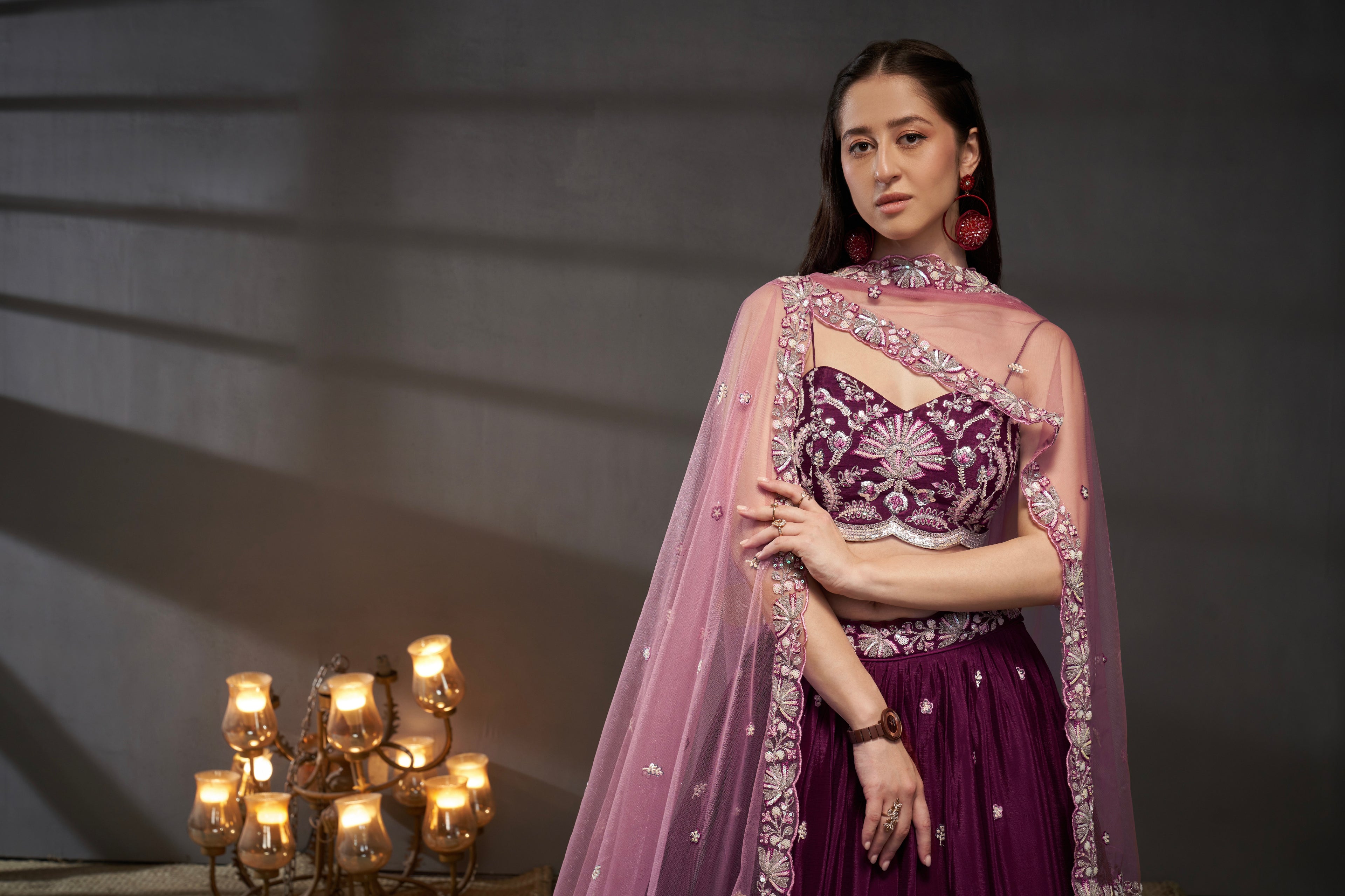 Burgundy Pure Chiffon Sequins Embroidery Lehenga Choli &amp; Dupatta