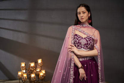 Burgundy Pure Chiffon Sequins Embroidery Lehenga Choli &amp; Dupatta