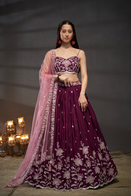Burgundy Pure Chiffon Sequins Embroidery Lehenga Choli &amp; Dupatta