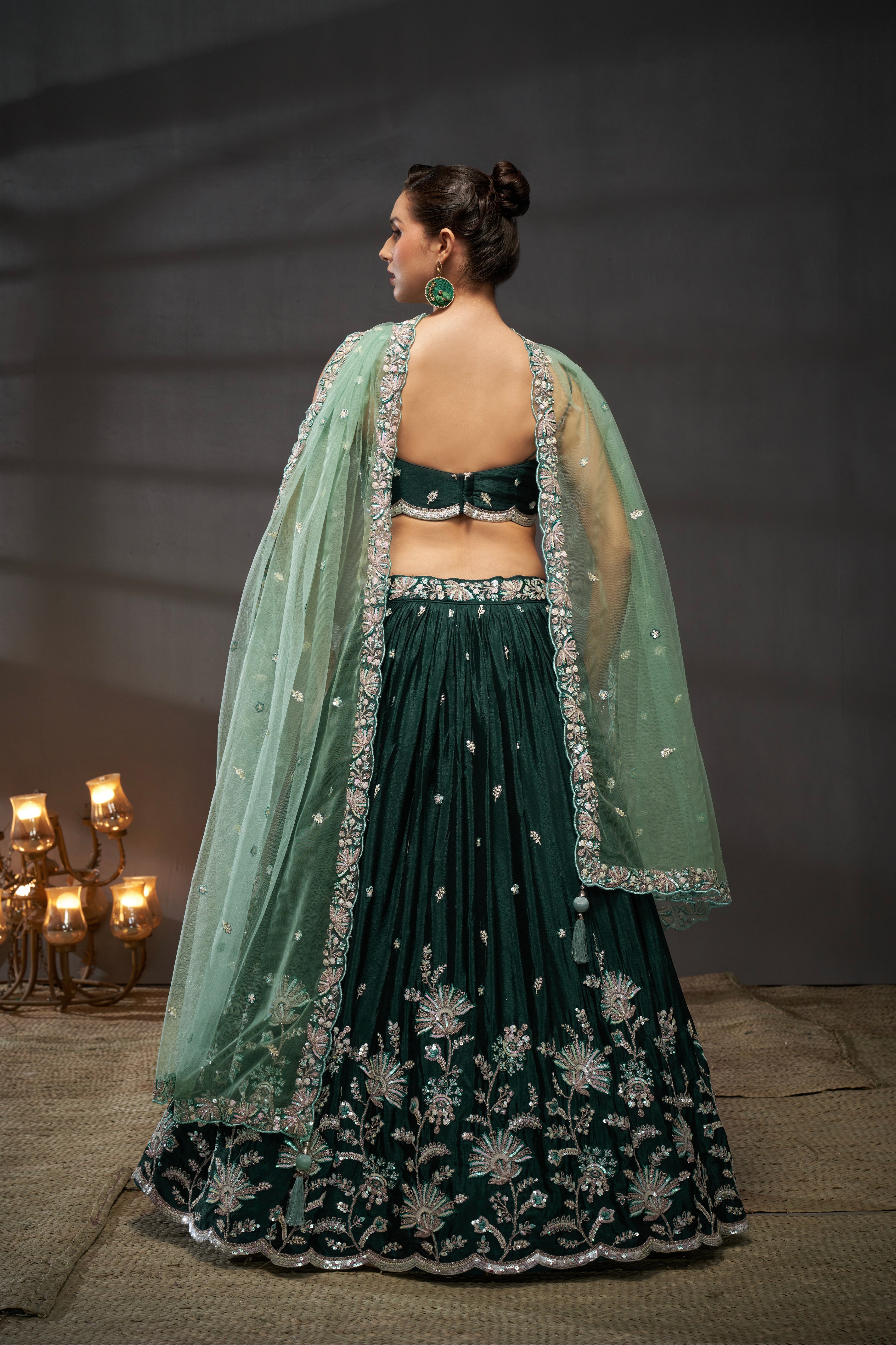 Green Pure Chiffon Sequins Embroidery Lehenga Choli &amp; Dupatta