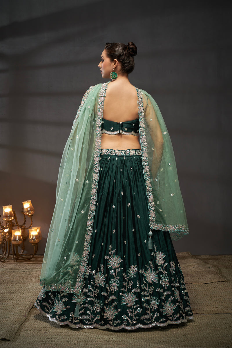 Green Pure Chiffon Sequins Embroidery Lehenga Choli & Dupatta
