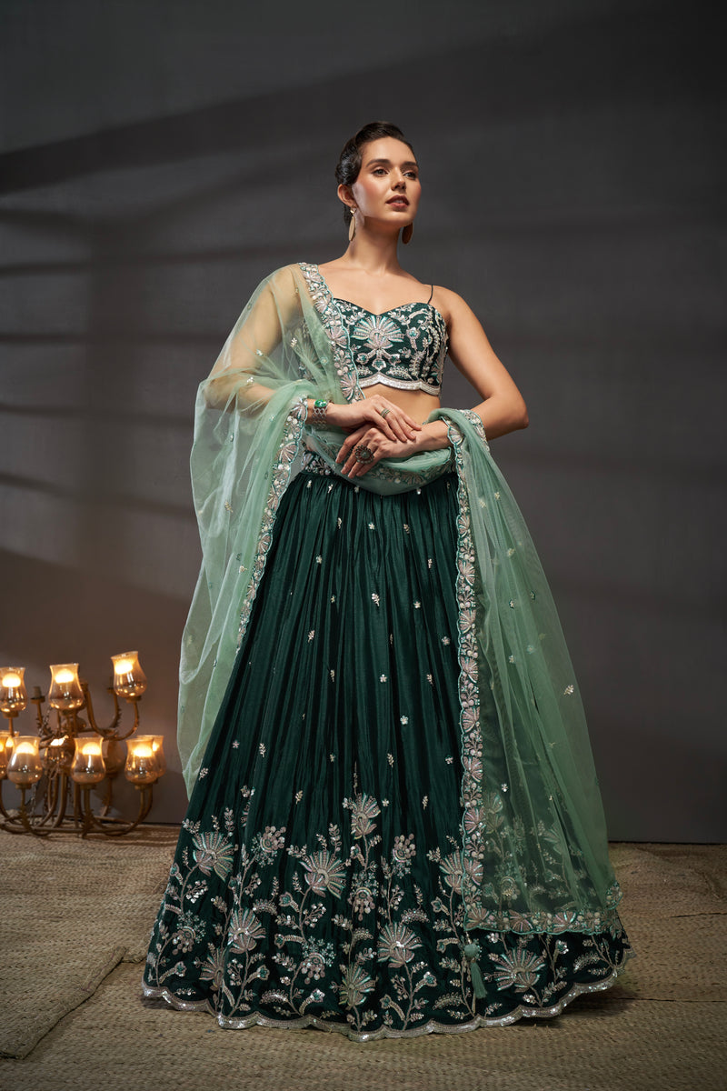 Green Pure Chiffon Sequins Embroidery Lehenga Choli & Dupatta